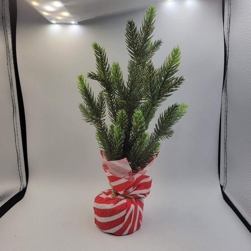 Small Faux Christmas Tree - Base Wrapped in Red & White Stripe Fabric